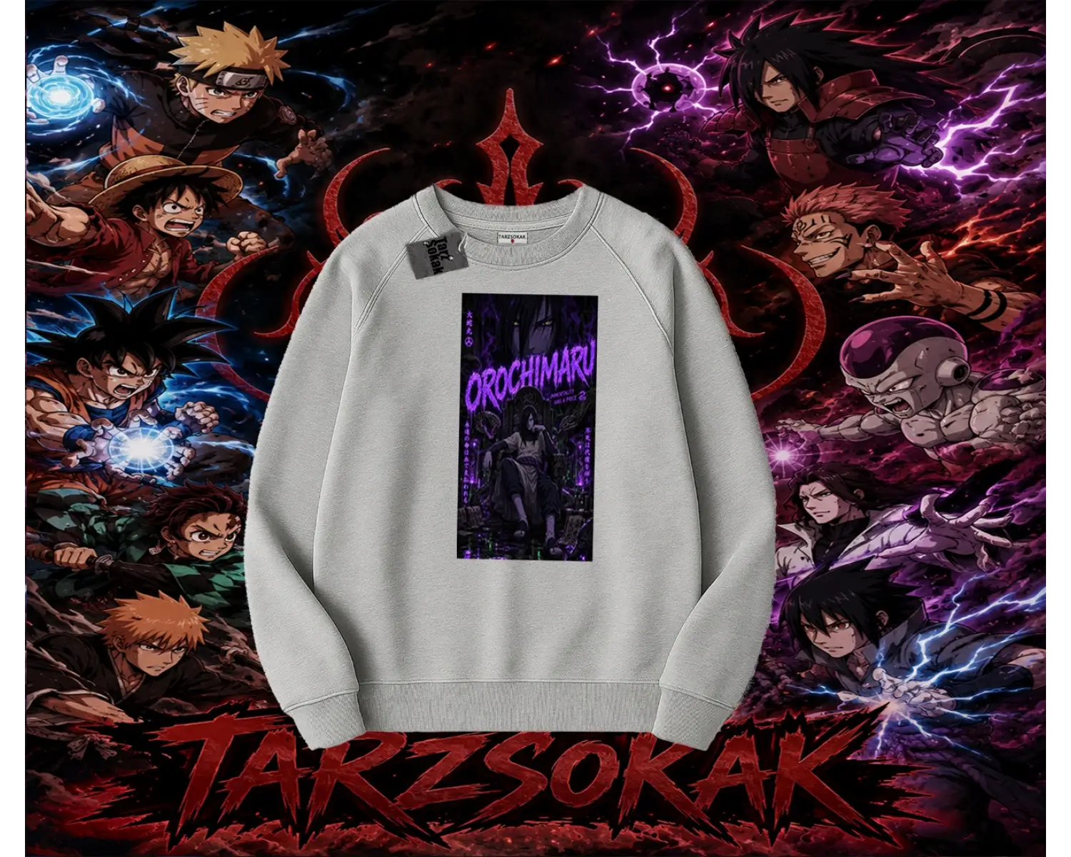 Orochimaru Naruto Anime Karakter Oversize Unisex Bisiklet Yaka Sweatshirt Beyaz