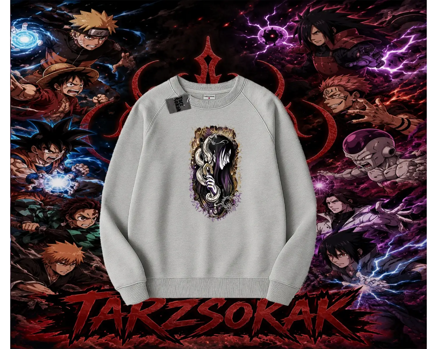 Orochimaru Naruto Anime Karakter Oversize Unisex Bisiklet Yaka Sweatshirt Beyaz