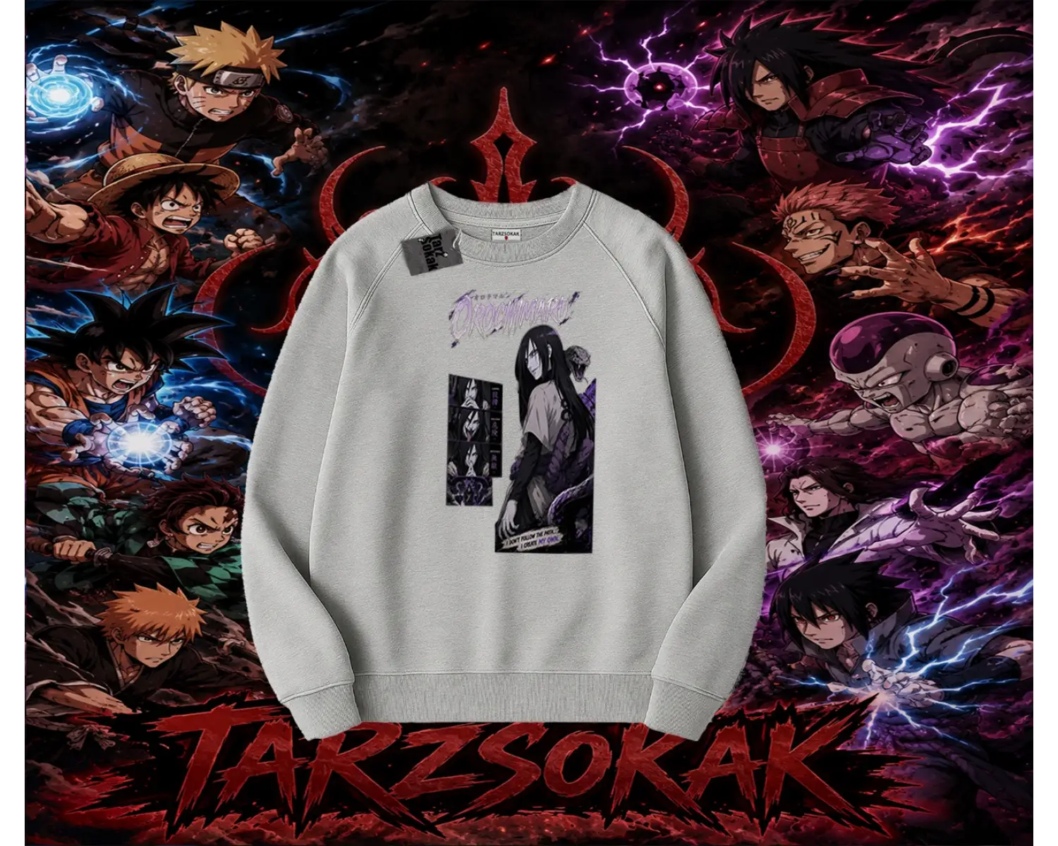 Orochimaru Naruto Anime Karakter Oversize Unisex Bisiklet Yaka Sweatshirt Beyaz