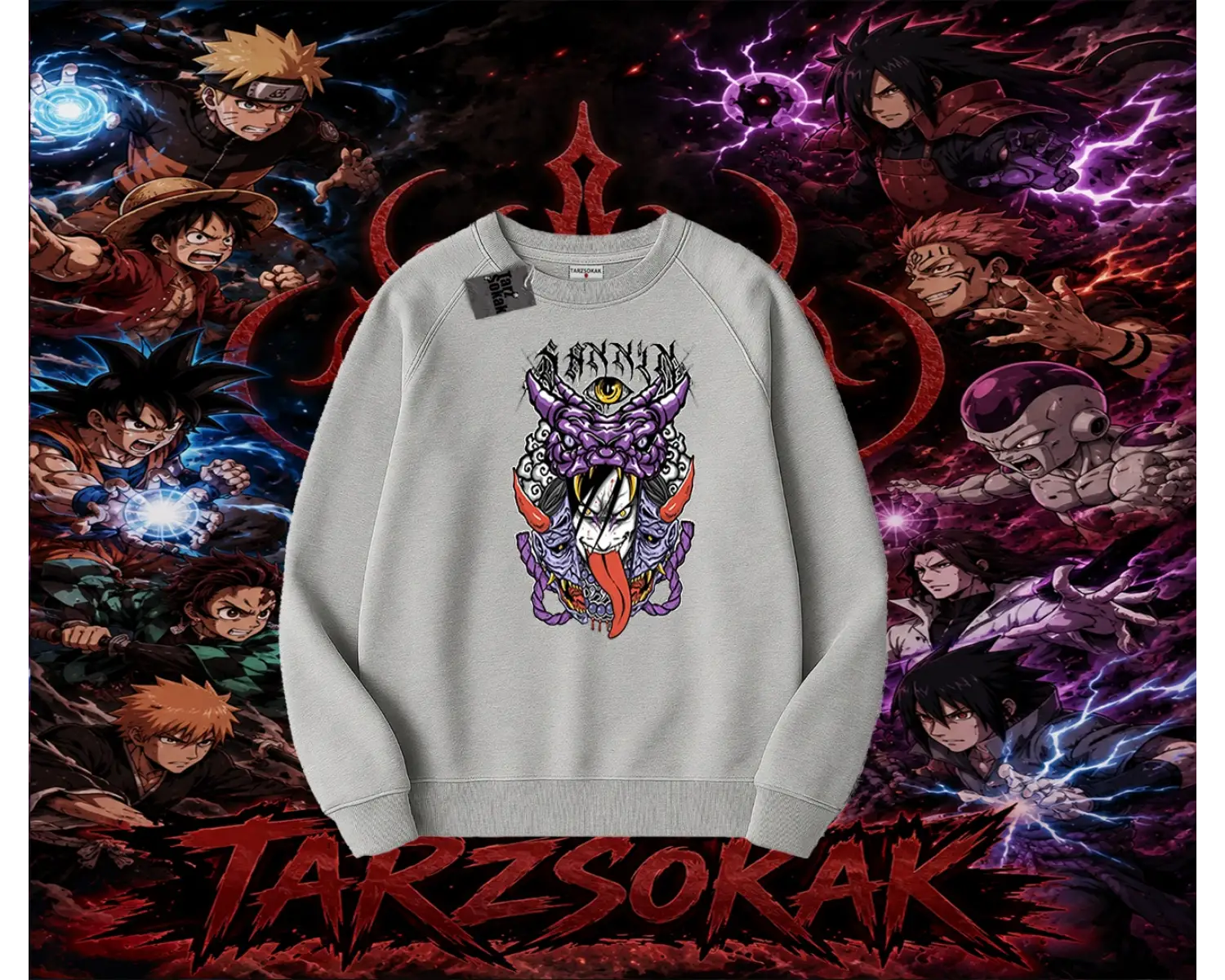 Orochimaru Naruto Anime Karakter Oversize Unisex Bisiklet Yaka Sweatshirt Beyaz