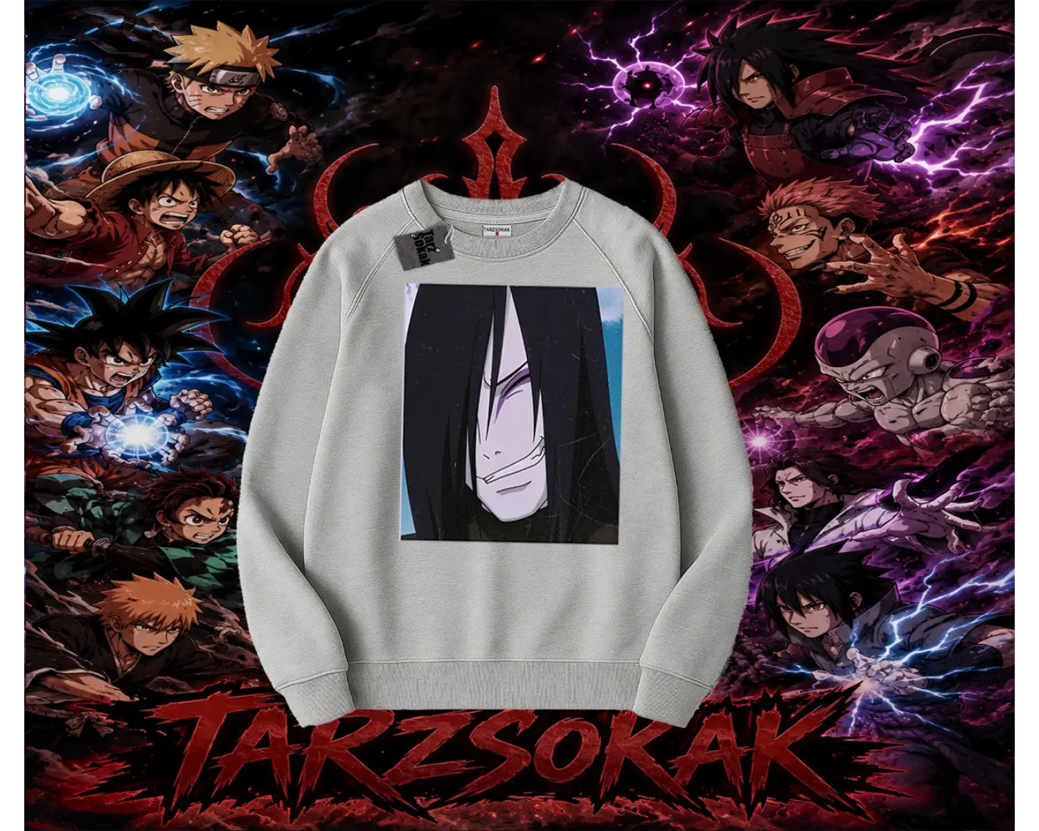 Orochimaru Naruto Anime Karakter Oversize Unisex Bisiklet Yaka Sweatshirt Beyaz