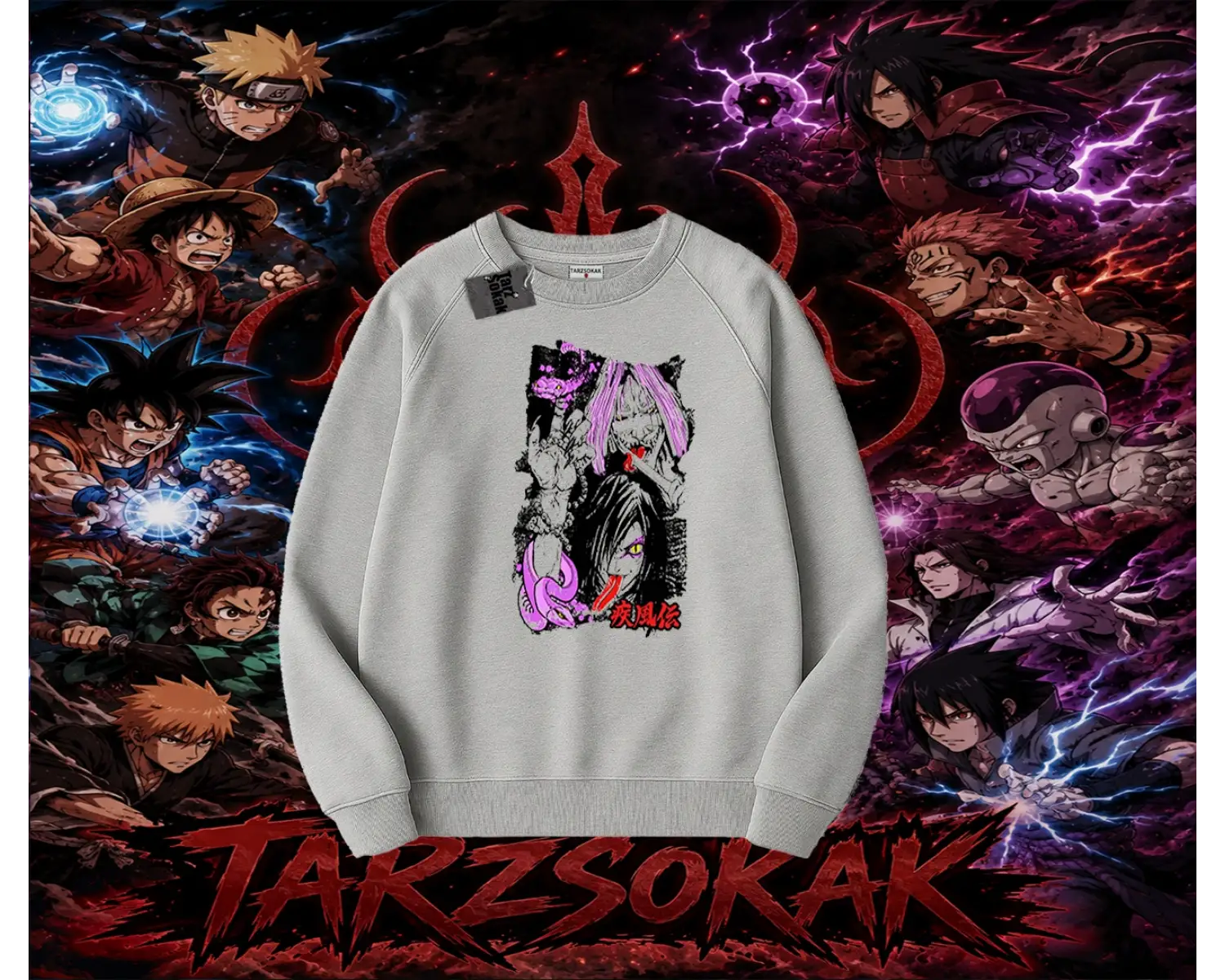 Orochimaru Naruto Anime Karakter Oversize Unisex Bisiklet Yaka Sweatshirt Beyaz