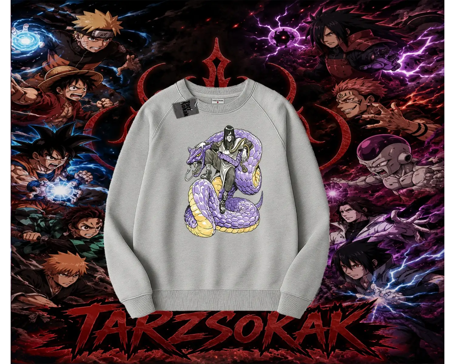 Orochimaru Naruto Anime Karakter Oversize Unisex Bisiklet Yaka Sweatshirt Beyaz