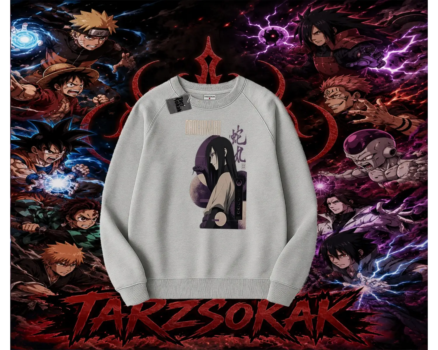 Orochimaru Naruto Anime Karakter Oversize Unisex Bisiklet Yaka Sweatshirt Beyaz