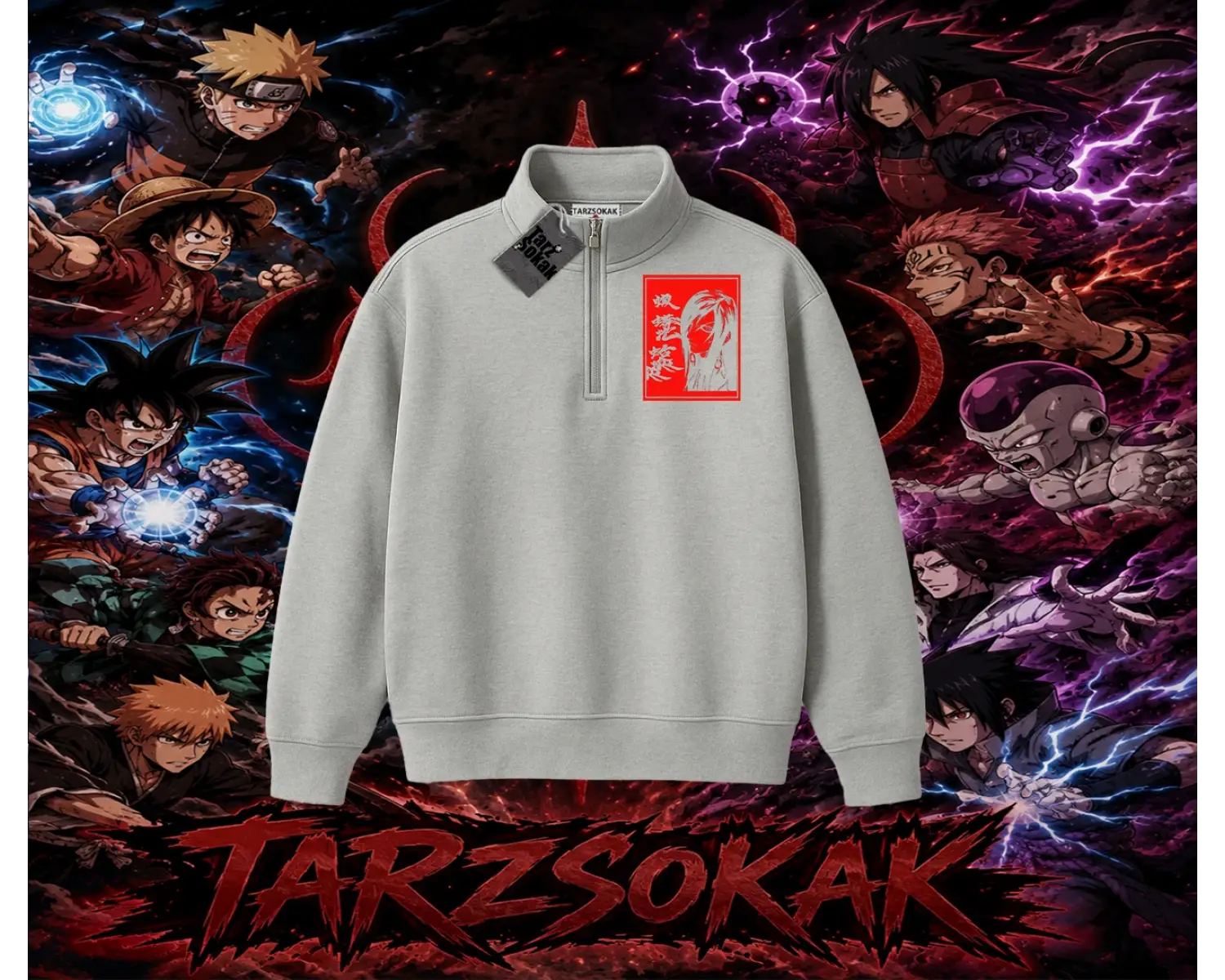 Orochimaru Naruto Anime Karakter Unisex Polo Yaka Yarım Fermuarlı Sweatshirt Beyaz