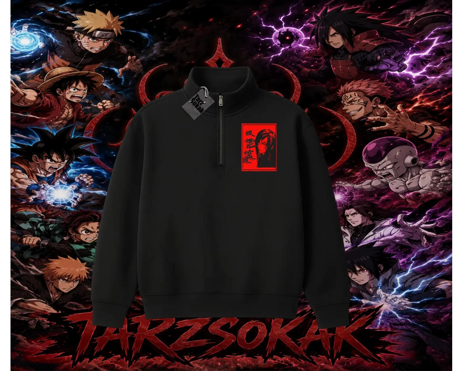 Orochimaru Naruto Anime Karakter Unisex Polo Yaka Yarım Fermuarlı Sweatshirt Beyaz