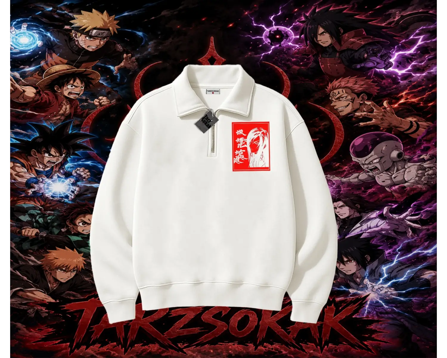 Orochimaru Naruto Anime Karakter Unisex Polo Yaka Yarım Fermuarlı Sweatshirt Beyaz