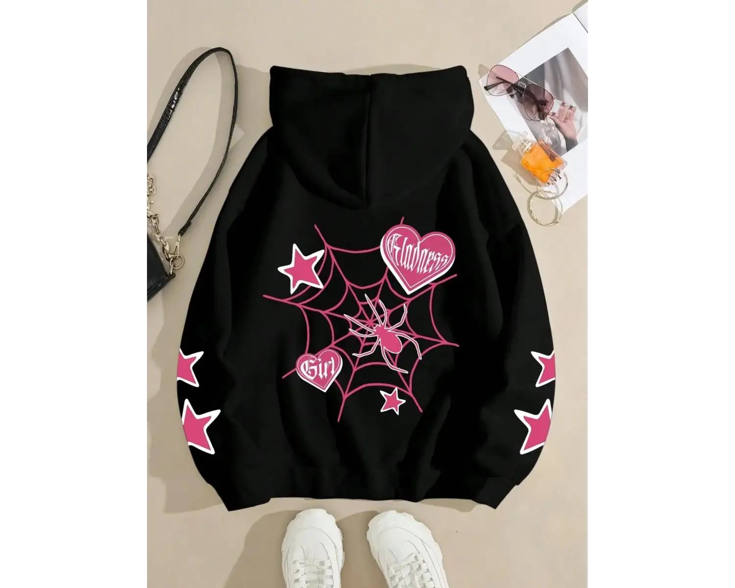 Örümcek Yıldız Baskılı Kapüşonlular Sokak Sportif Kadın Tişörtü Rahat Bisiklet Yaka Kazak Gev