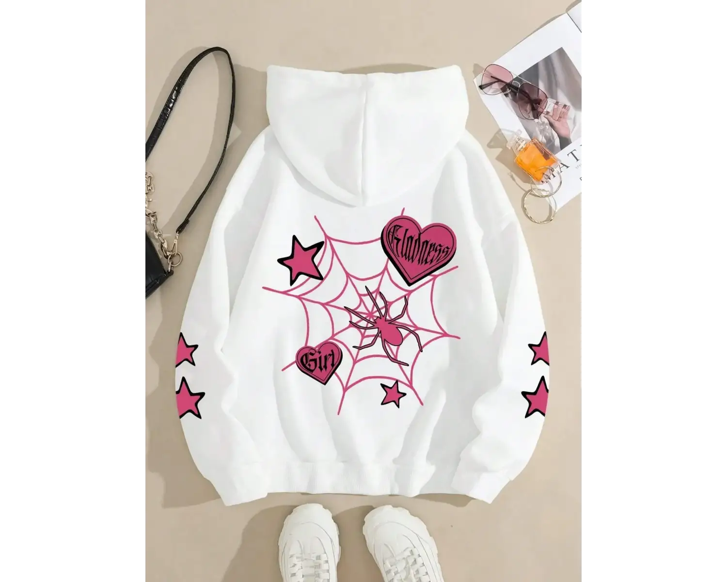 Örümcek Yıldız Baskılı Kapüşonlular Sokak Sportif Kadın Tişörtü Rahat Bisiklet Yaka Kazak Gev