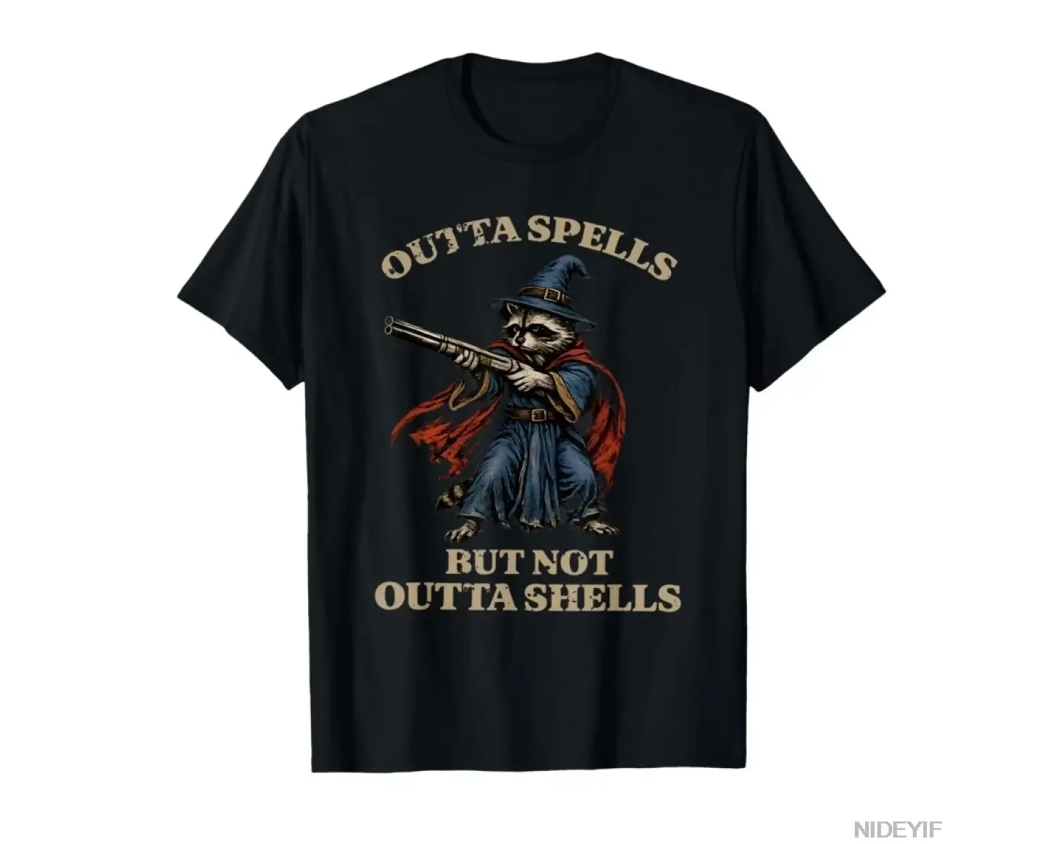 Outta Spells But Not Outta Shells Komik Sihirbaz Rakun Meme T-shirt Erkekler Kadınlar Için %