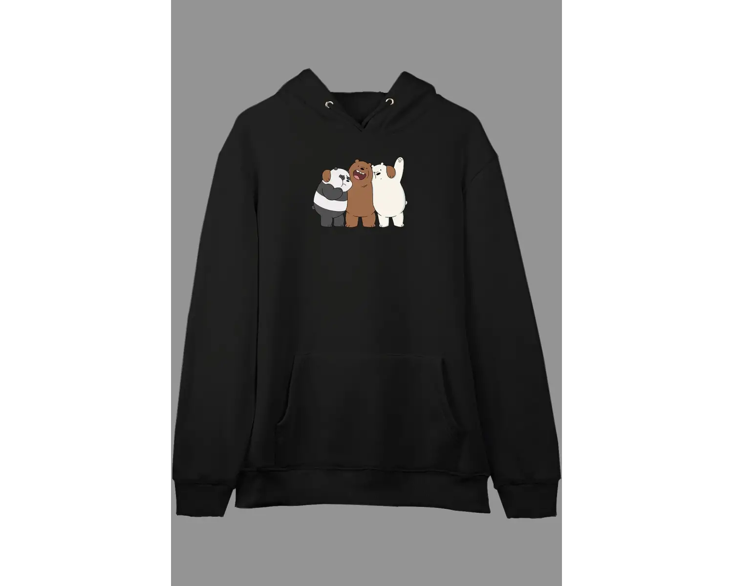 Oversize 3 Kafadar Ayı We Bare Bears Tasarım Baskılı Kapüşonlu Sweatshirt Hoodie Beyaz
