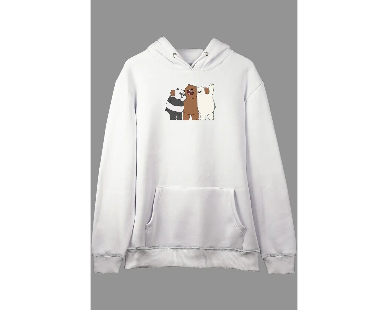 Oversize 3 Kafadar Ayı We Bare Bears Tasarım Baskılı Kapüşonlu Sweatshirt Hoodie Beyaz
