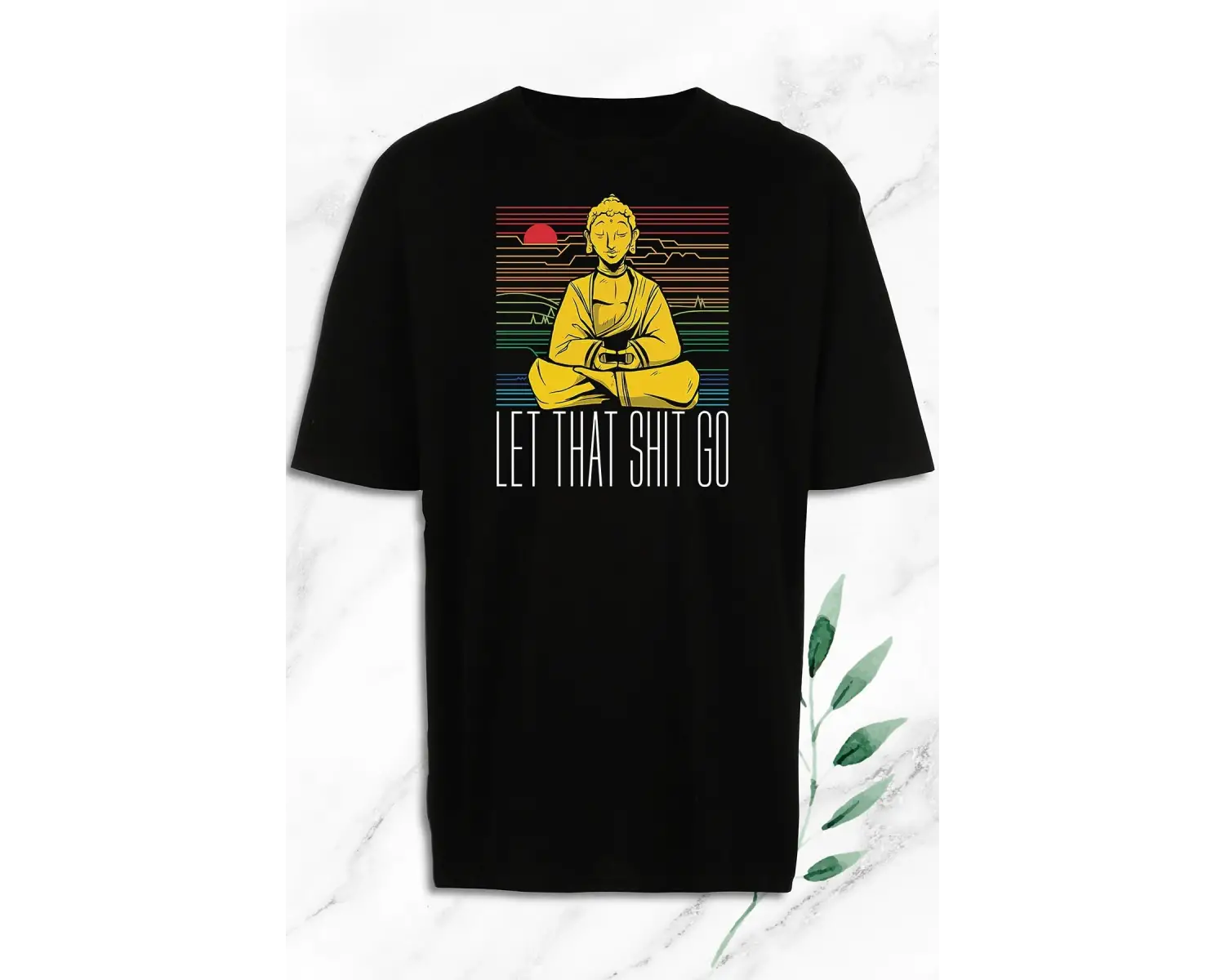 Oversize Buda Heykel Baskılı Siyah Tişört