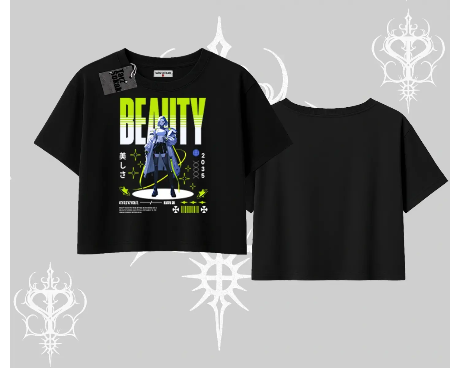 Oversize Crop Tshirt Anime Unity Neon Detaylı Grafik Baskılı