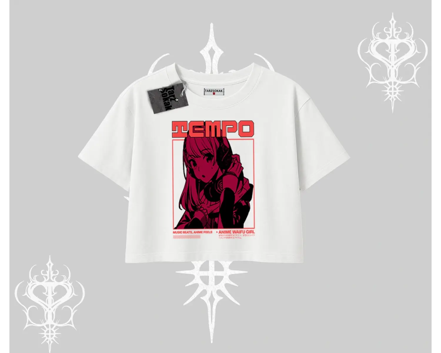 Oversize Crop Tshirt Anime Waifu Kırmızı Grafik Desenli