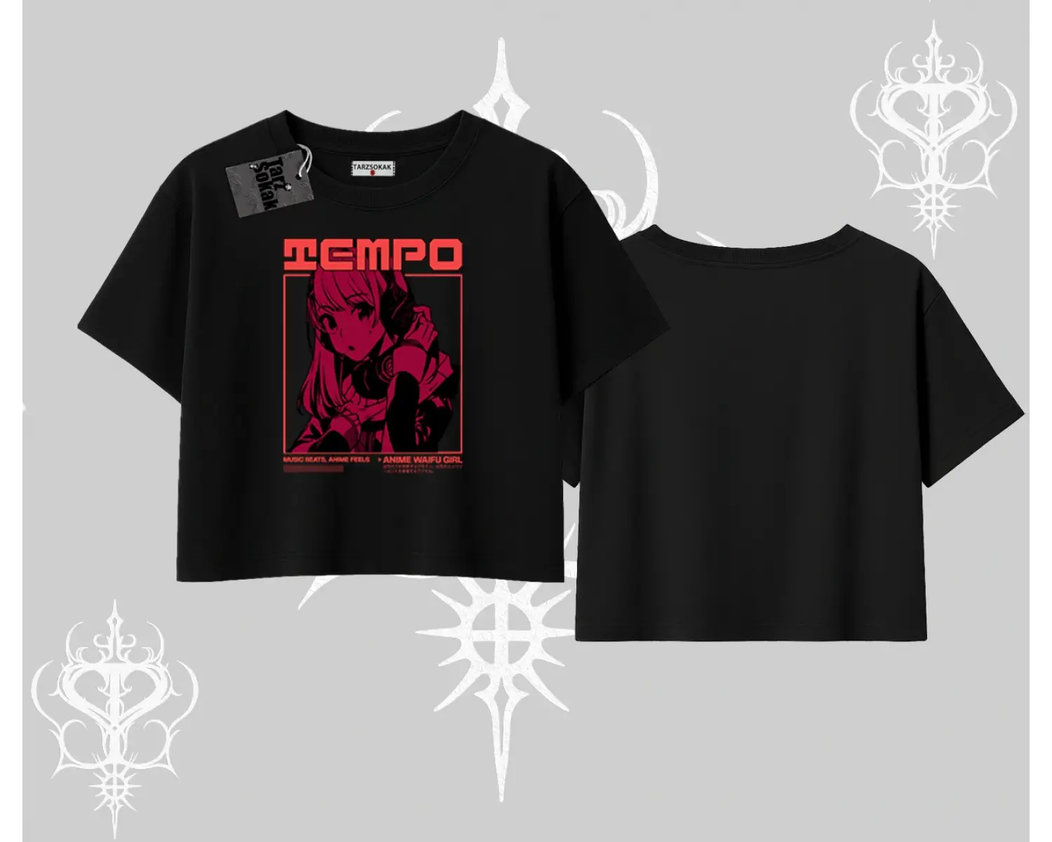 Oversize Crop Tshirt Anime Waifu Kırmızı Grafik Desenli