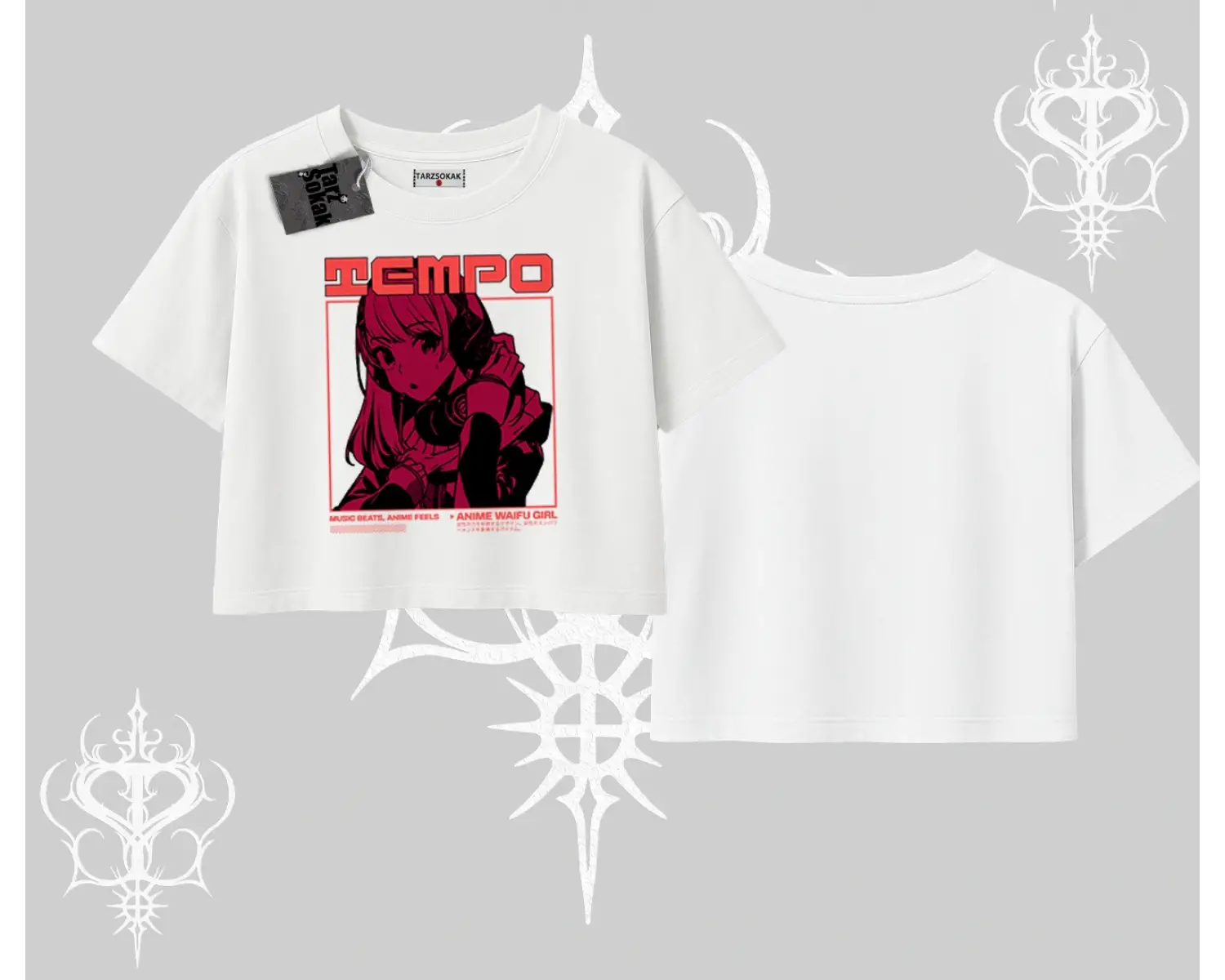 Oversize Crop Tshirt Anime Waifu Kırmızı Grafik Desenli