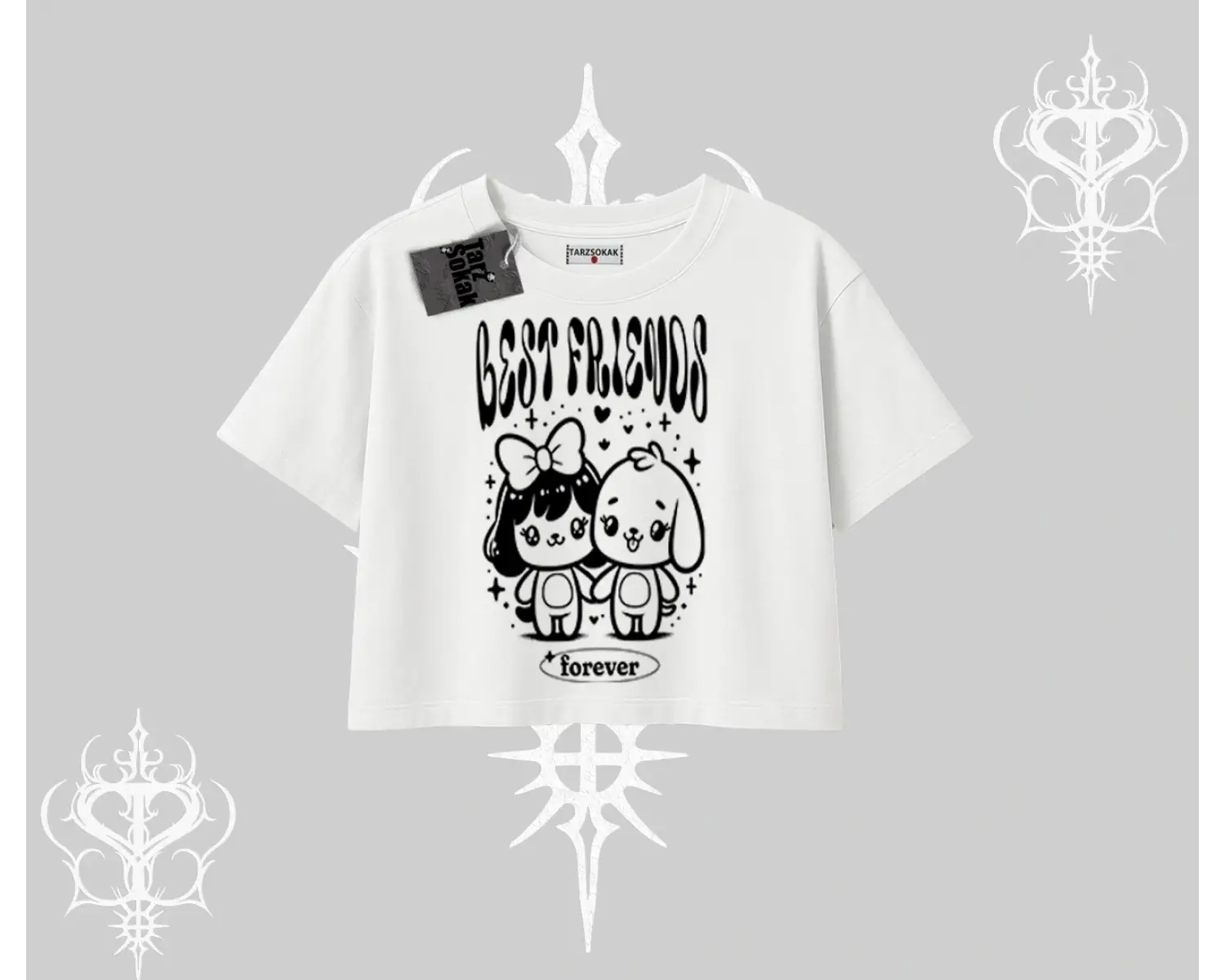 Oversize Crop Tshirt Best Friends Forever Baskılı Sevimli Tasarım