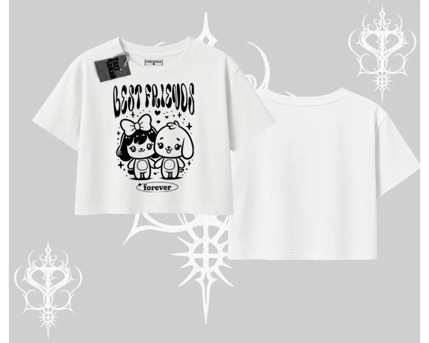 Oversize Crop Tshirt Best Friends Forever Baskılı Sevimli Tasarım