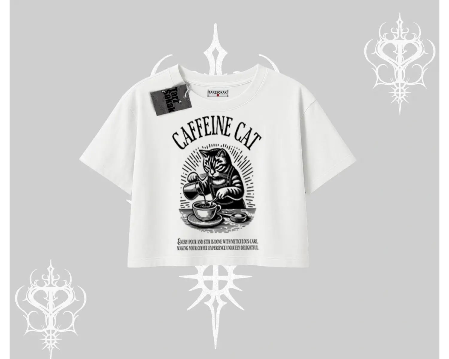 Oversize Crop Tshirt Caffeine Cat Kahve Temalı Kedi Baskılı