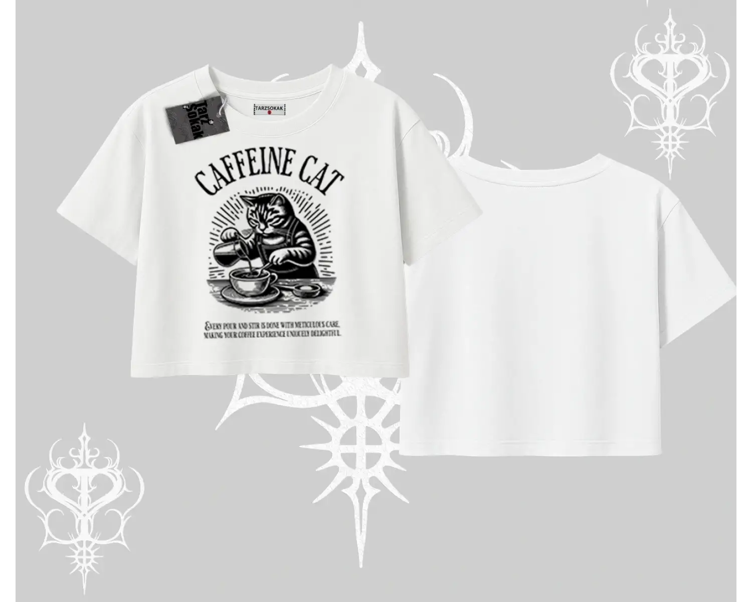 Oversize Crop Tshirt Caffeine Cat Kahve Temalı Kedi Baskılı