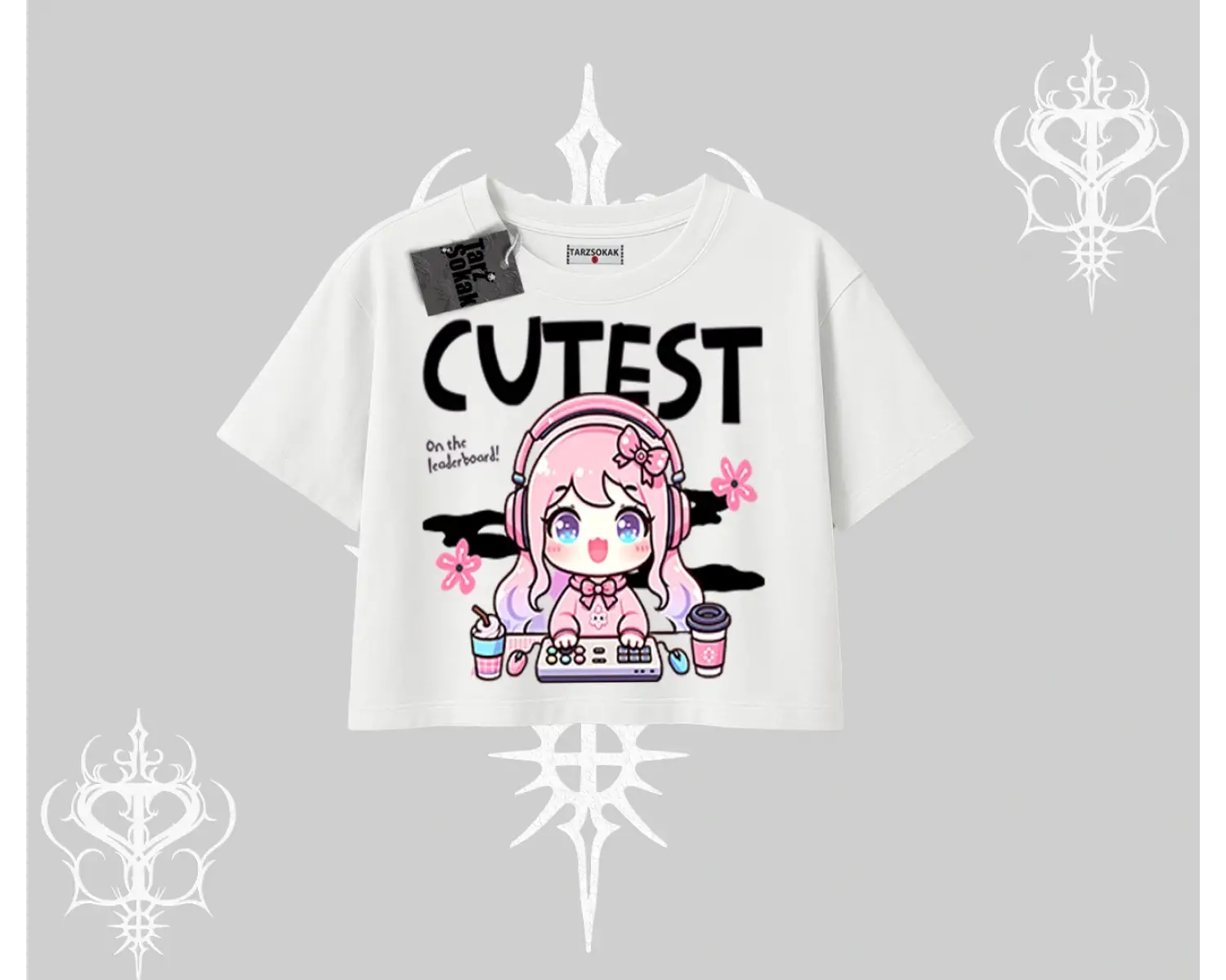 Oversize Crop Tshirt Cute Anime Gamer Girl Baskılı