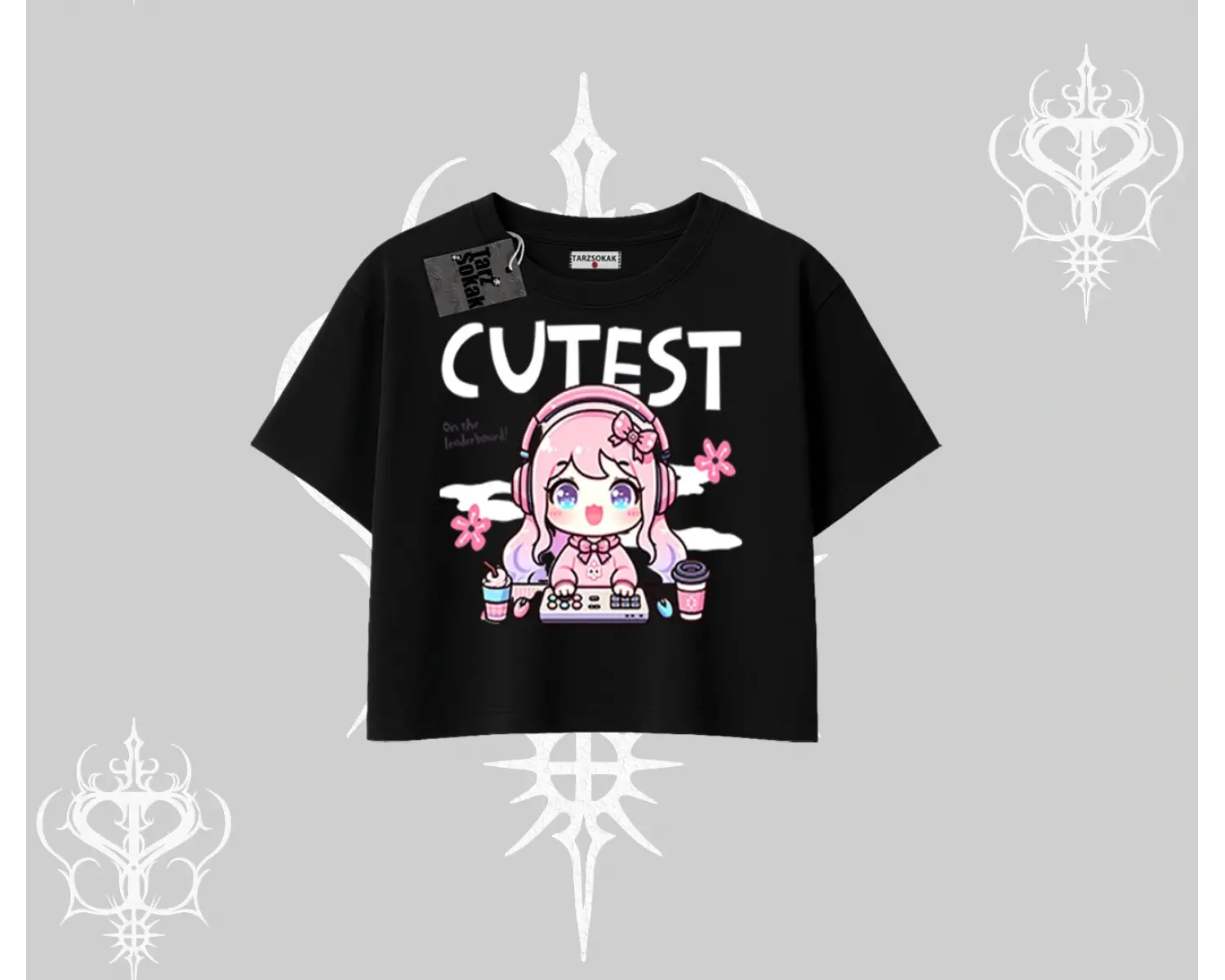 Oversize Crop Tshirt Cute Anime Gamer Girl Baskılı