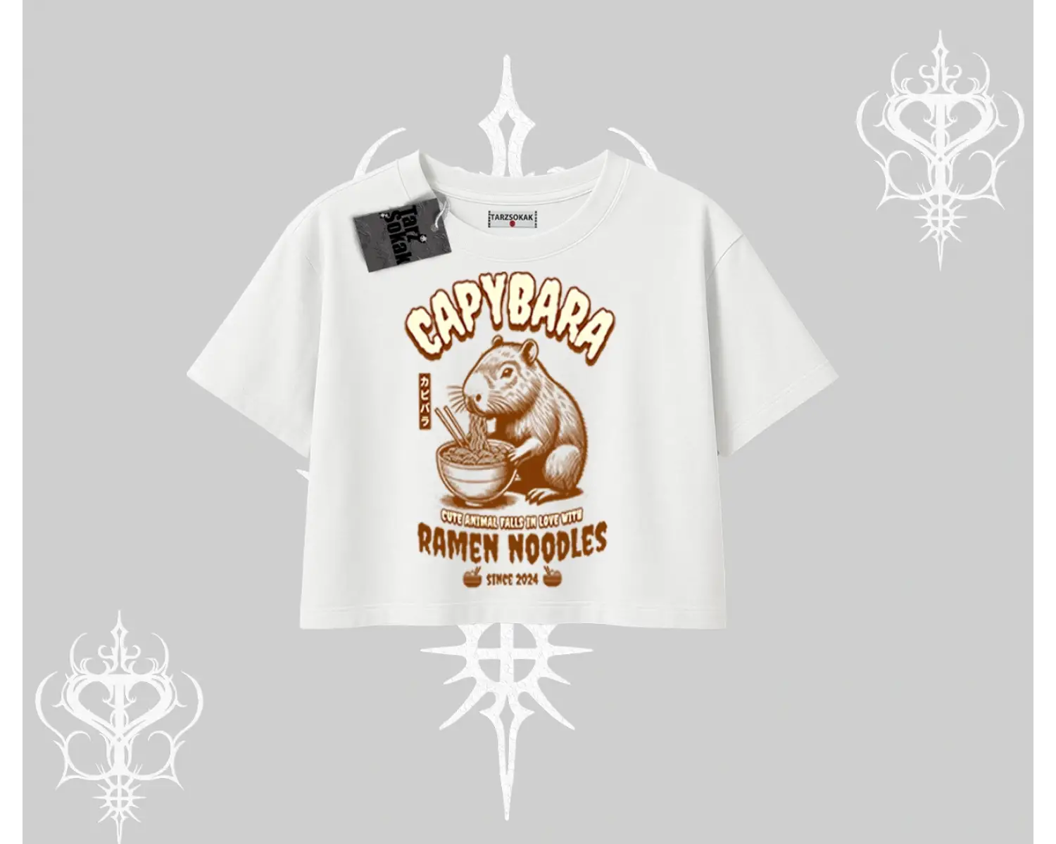 Oversize Crop Tshirt Cute Capybara Enjoying Ramen Noodles Artwork