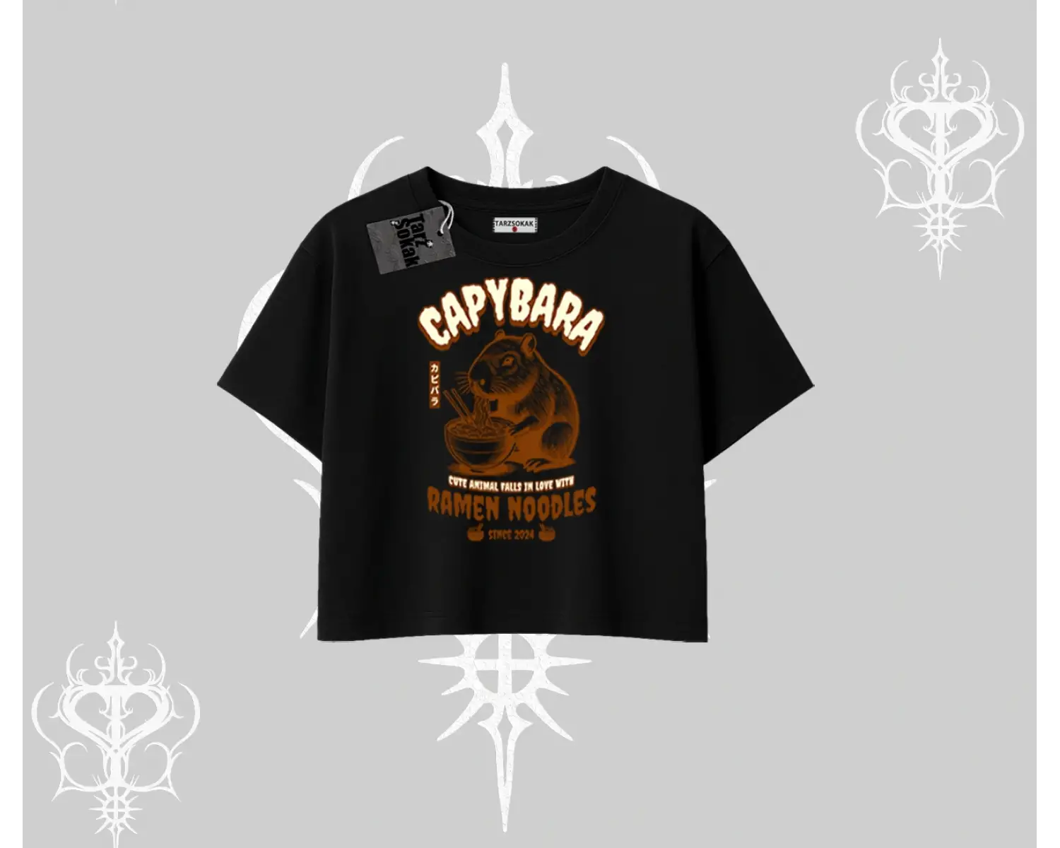 Oversize Crop Tshirt Cute Capybara Enjoying Ramen Noodles Artwork