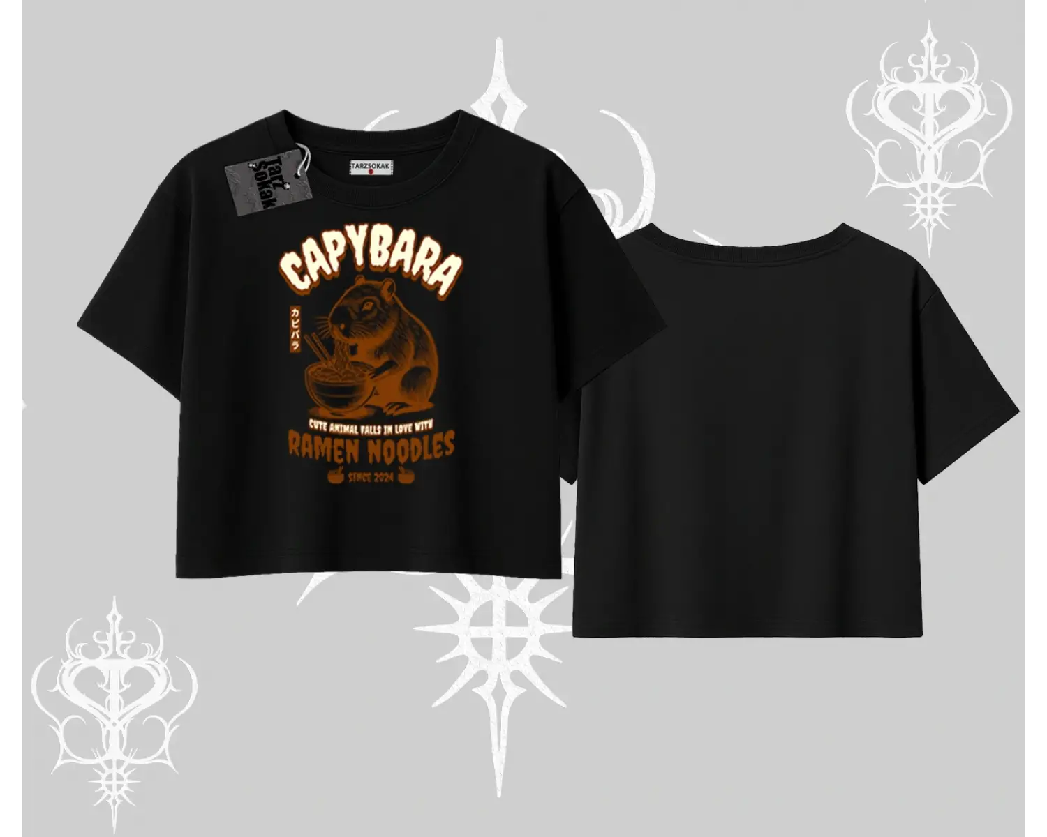 Oversize Crop Tshirt Cute Capybara Enjoying Ramen Noodles Artwork