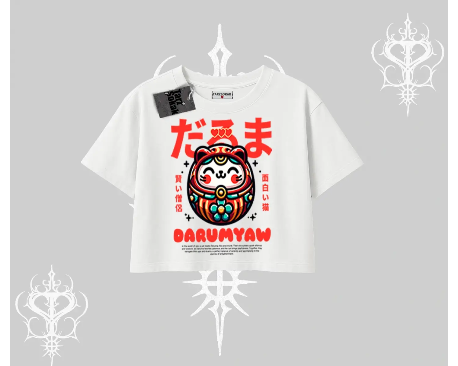 Oversize Crop Tshirt Daruma Kedi Anime Baskılı