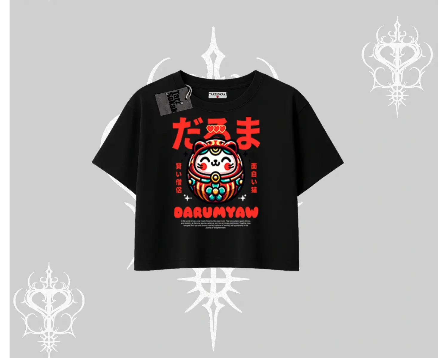 Oversize Crop Tshirt Daruma Kedi Anime Baskılı