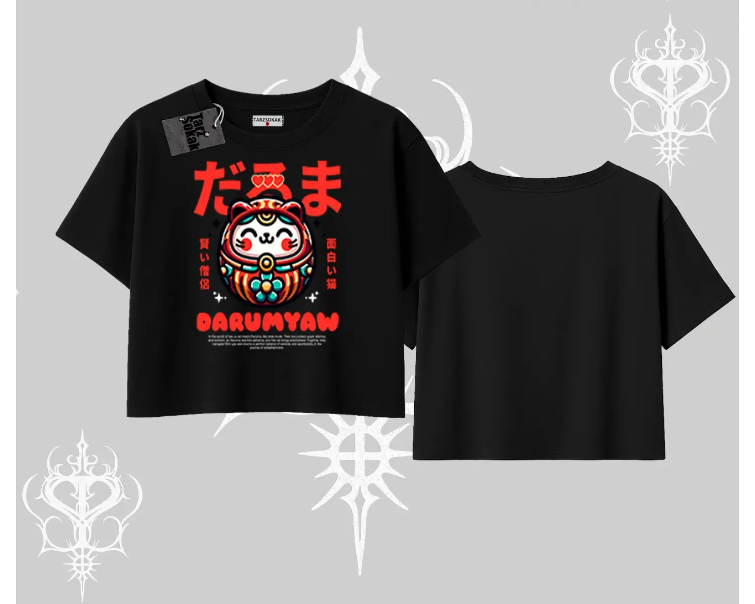 Oversize Crop Tshirt Daruma Kedi Anime Baskılı
