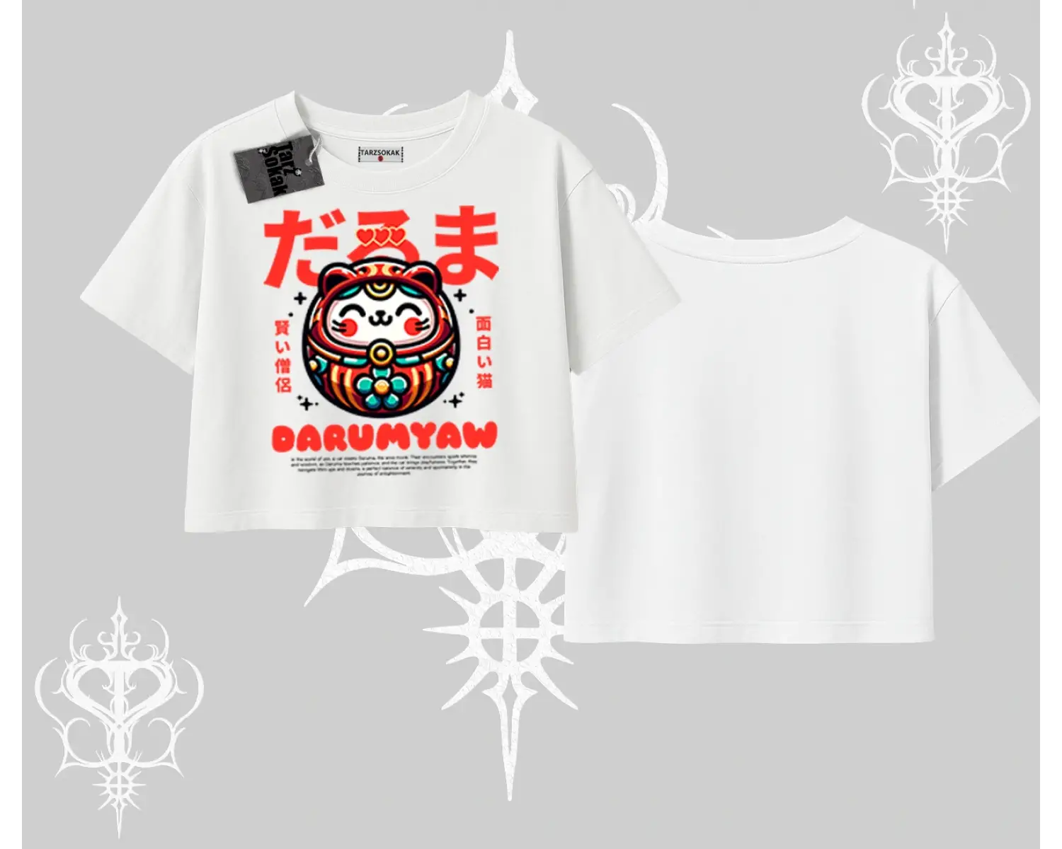Oversize Crop Tshirt Daruma Kedi Anime Baskılı