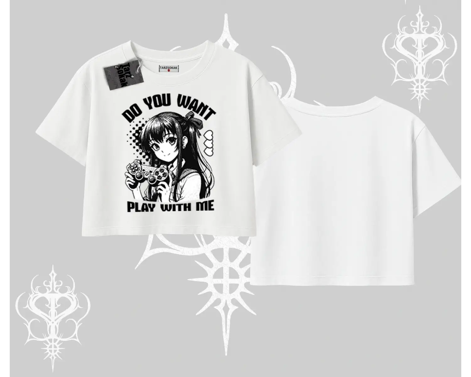 Oversize Crop Tshirt Do You Want Play With Me Anime Kız Baskılı