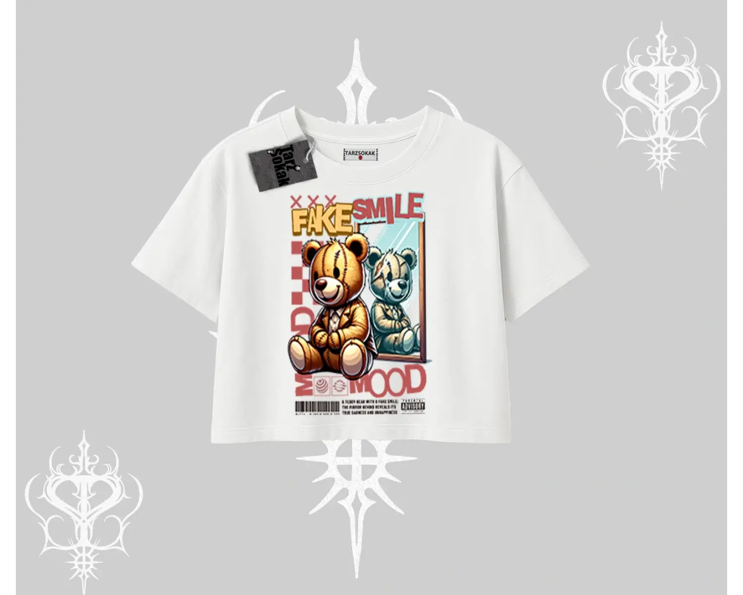 Oversize Crop Tshirt Fake Smile Mood Ayıcık Grafik Baskılı