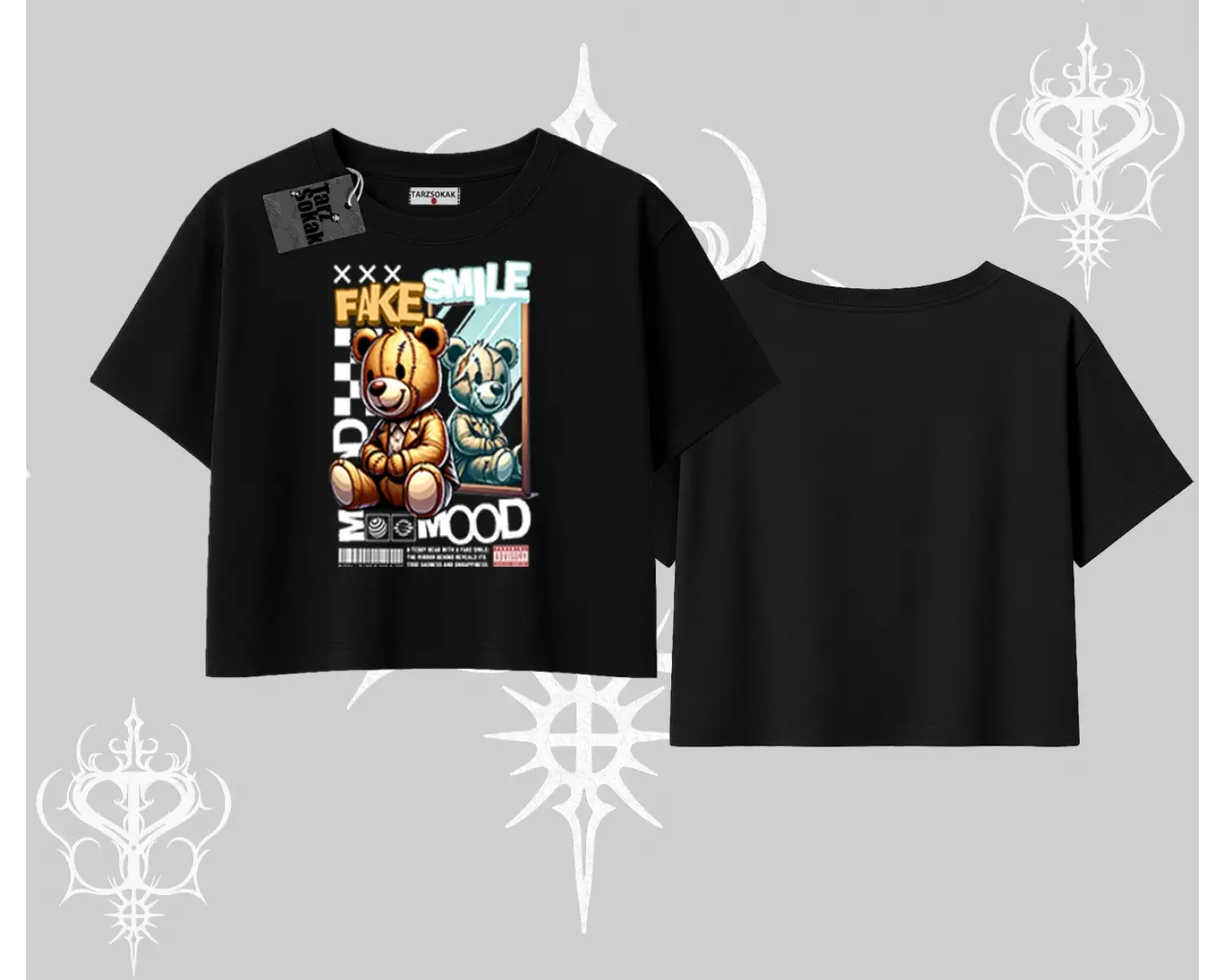 Oversize Crop Tshirt Fake Smile Mood Ayıcık Grafik Baskılı