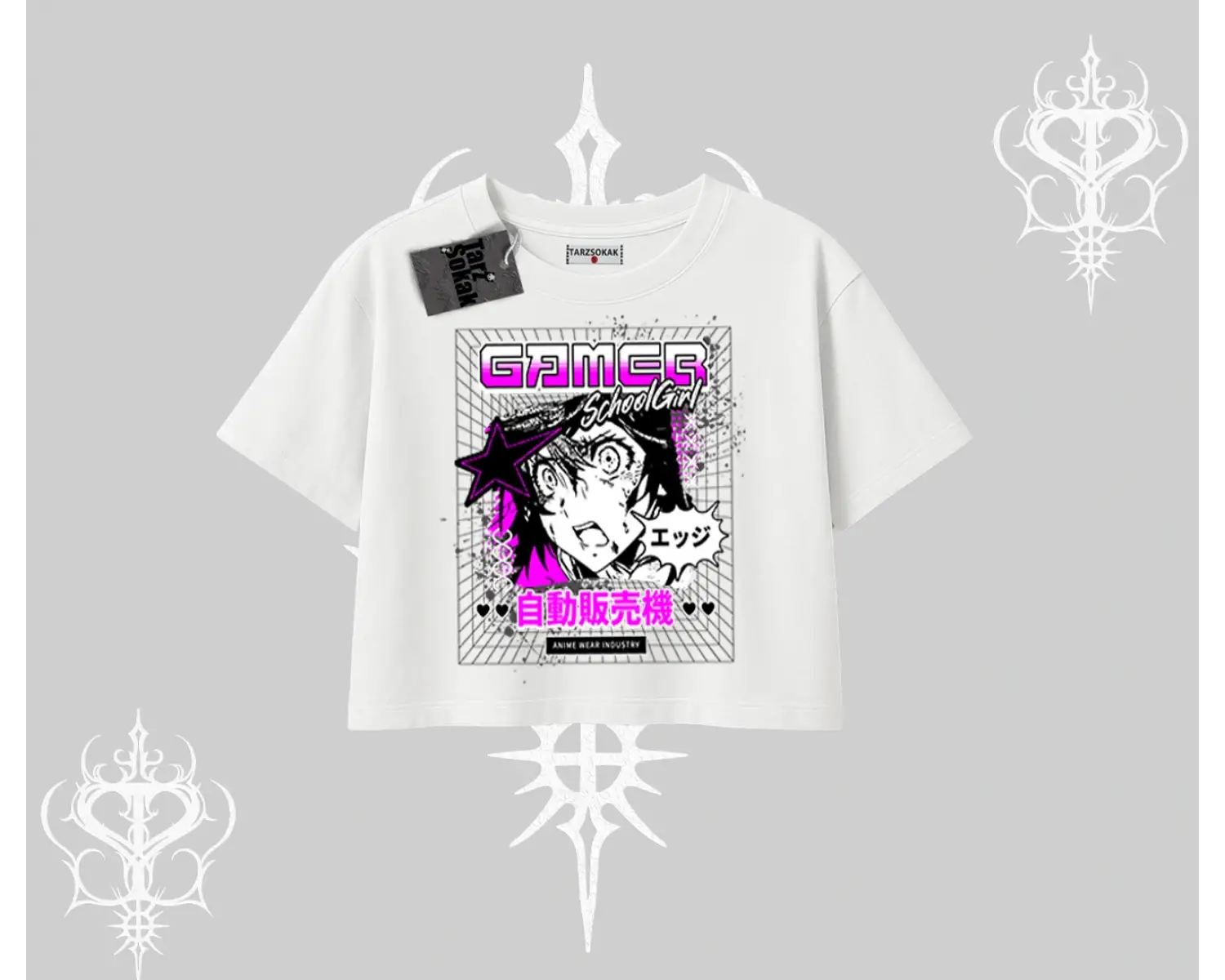 Oversize Crop Tshirt Games Schoolgirl Anime Baskılı