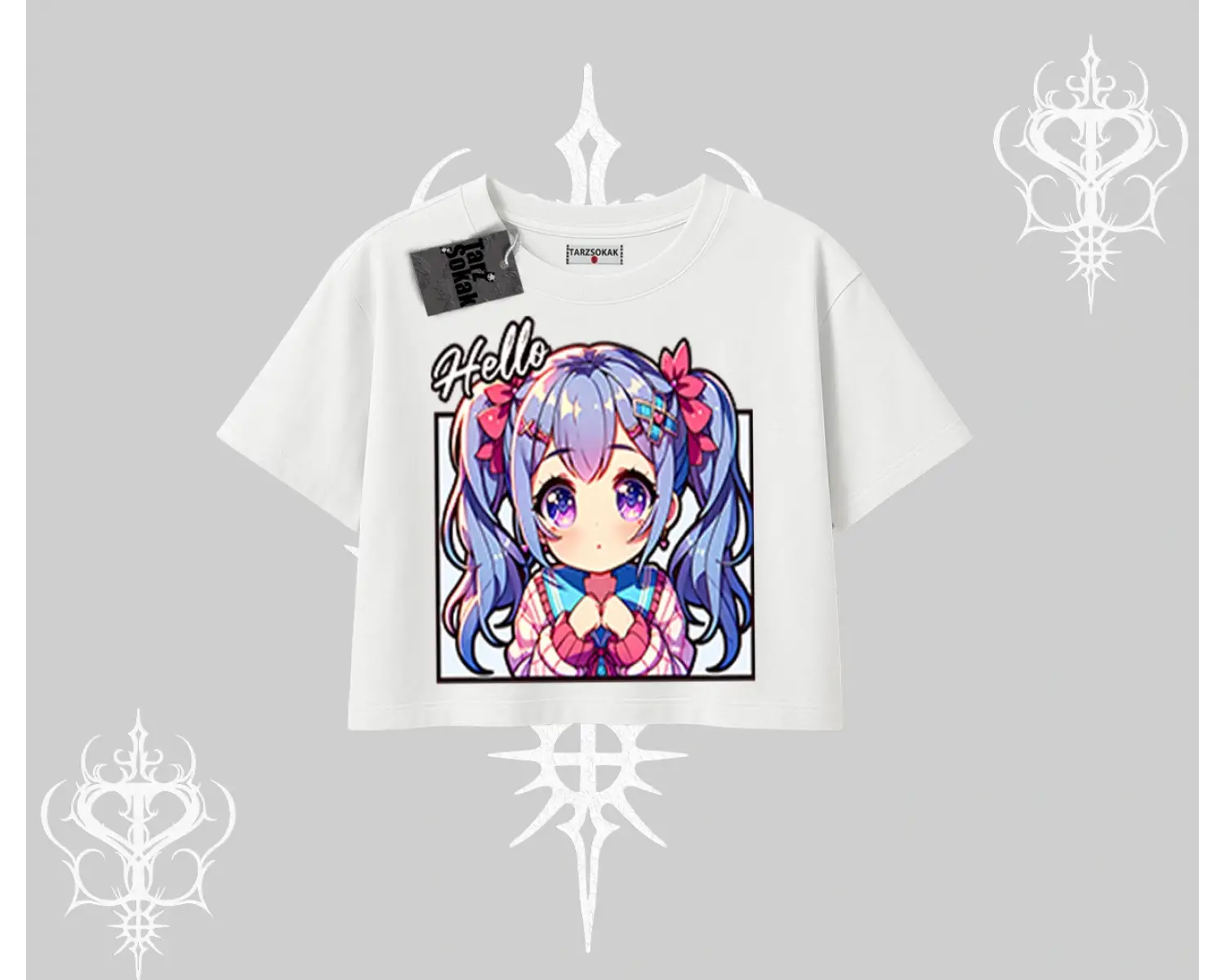 Oversize Crop Tshirt Hello Anime Kız Sevimli Karakter Baskılı