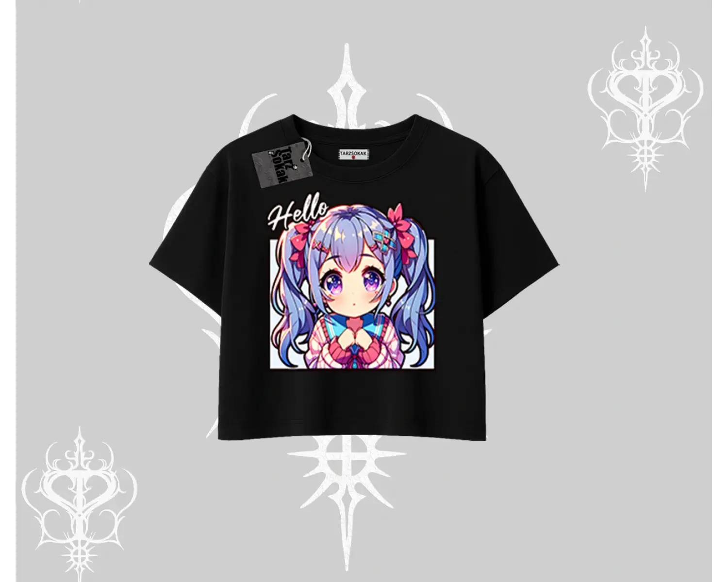Oversize Crop Tshirt Hello Anime Kız Sevimli Karakter Baskılı