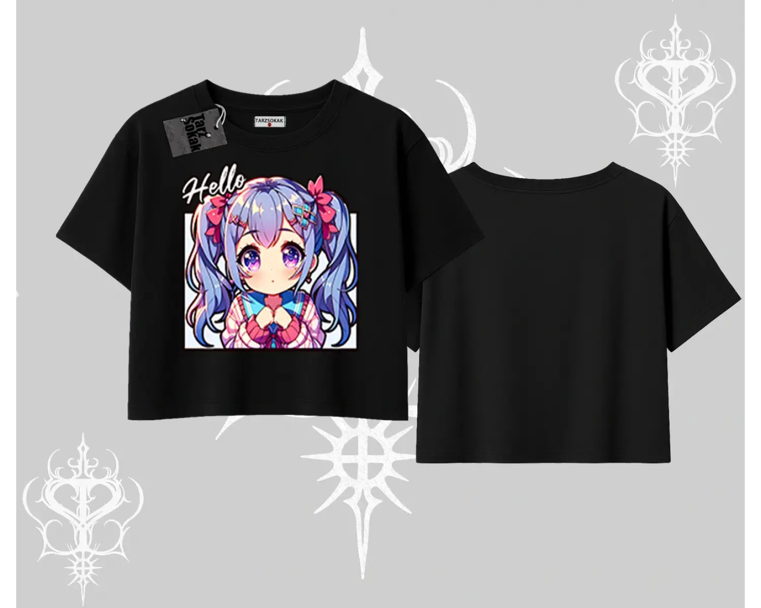 Oversize Crop Tshirt Hello Anime Kız Sevimli Karakter Baskılı