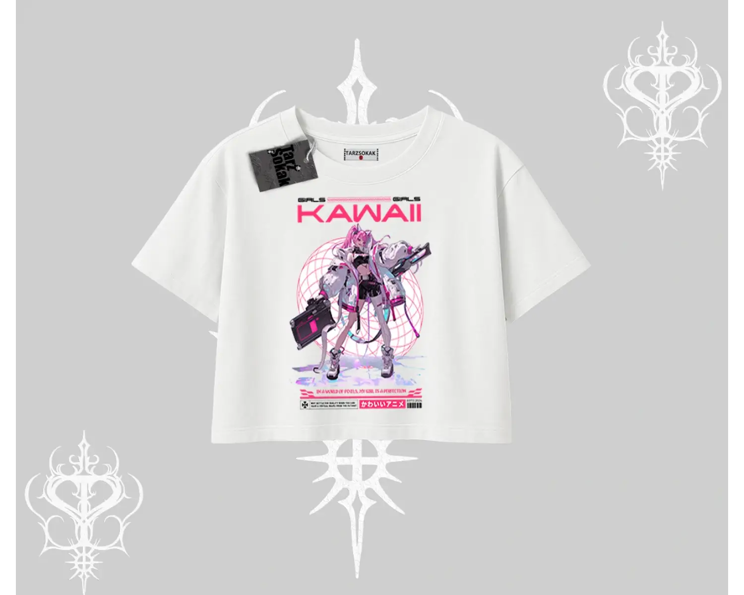 Oversize Crop Tshirt Kawaii Cyberpunk Kız Japon Stil Baskı