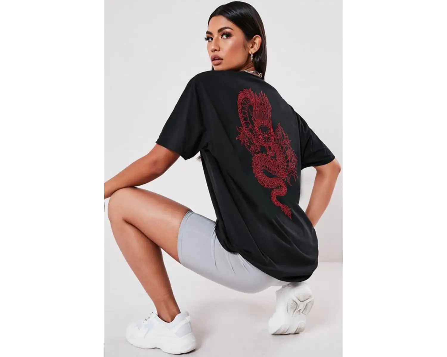 Oversize Dragon Baskılı Siyah Büyük Beden Tshirt OVRSZTSHRT12