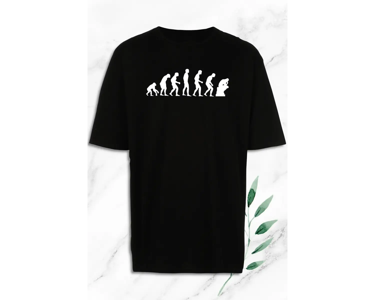 Oversize Evolution Evrim Baskılı Siyah Tişört