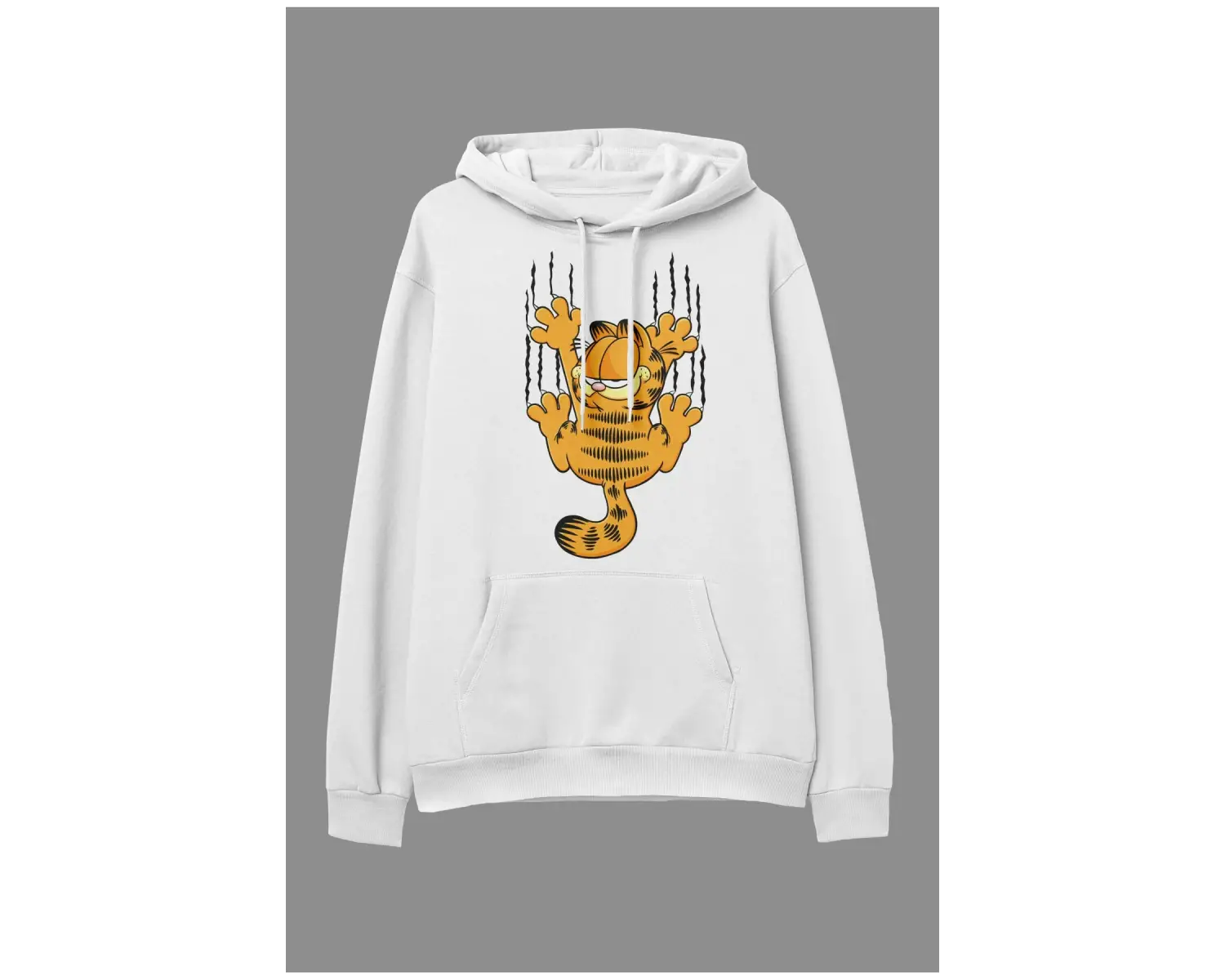 Oversize Garfield Tasarım Baskılı Kapüşonlu Sweatshirt Hoodie Beyaz