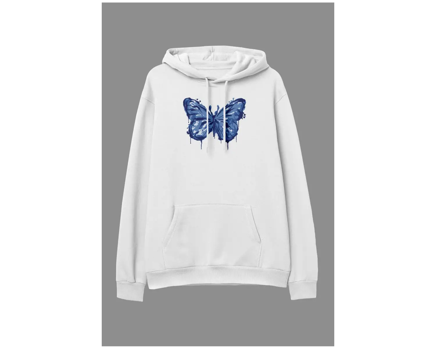 Oversize Mavi Boya Kelebek Temalı Tasarım Baskılı Unisex Kapüşonlu Sweatshirt Hoodie Beyaz