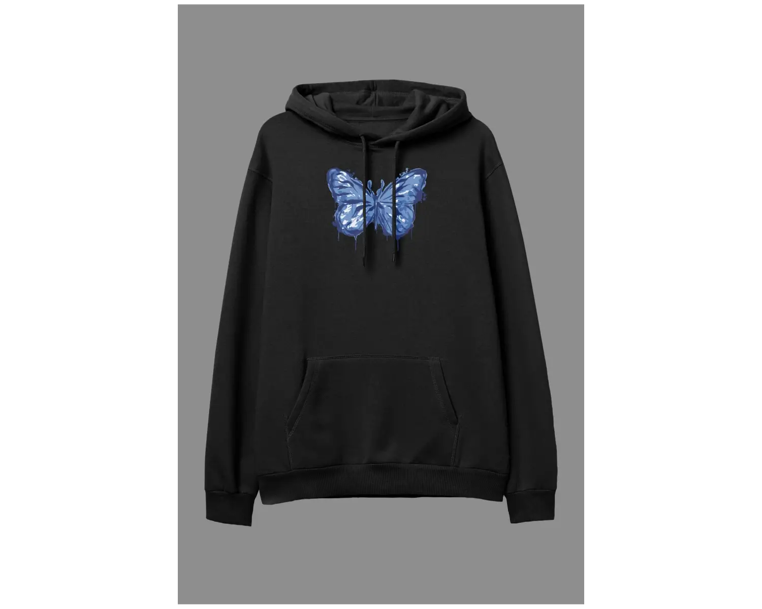 Oversize Mavi Boya Kelebek Temalı Tasarım Baskılı Unisex Kapüşonlu Sweatshirt Hoodie Beyaz