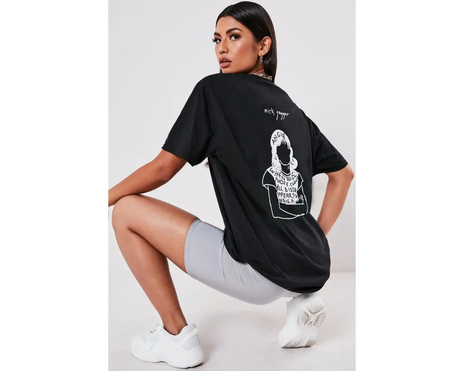 Oversize Mick Jagger Baskılı Siyah Tshirt NRAGE204