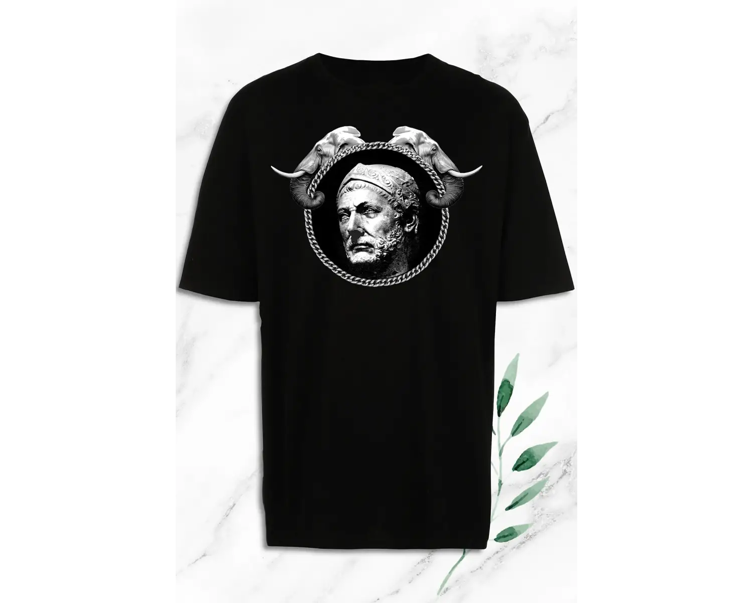 Oversize Mitoloji Komutan Hannibal Barca Heykel Baskılı Siyah T-Shirt