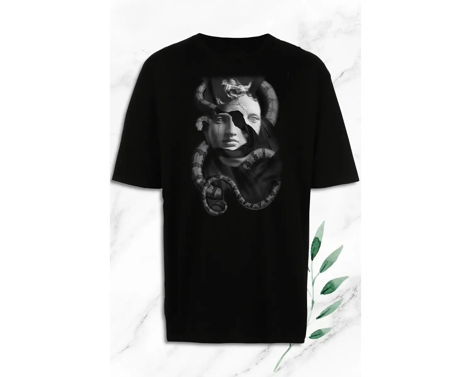 Oversize Mitoloji Trend Heykel Baskılı Beyaz Tişört